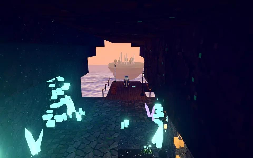 Glowing crystal in the Crystal Caverns, with the sky and other islands beyond the cave mouth